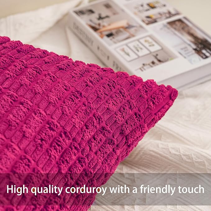 Pack of 2 Corduroy Decorative Throw Pillow Covers 16x16 Inch Soft Striped Pillow Covers Modern Farmhouse Home Decor for Sofa Living Room Couch Bed（Rose Red）