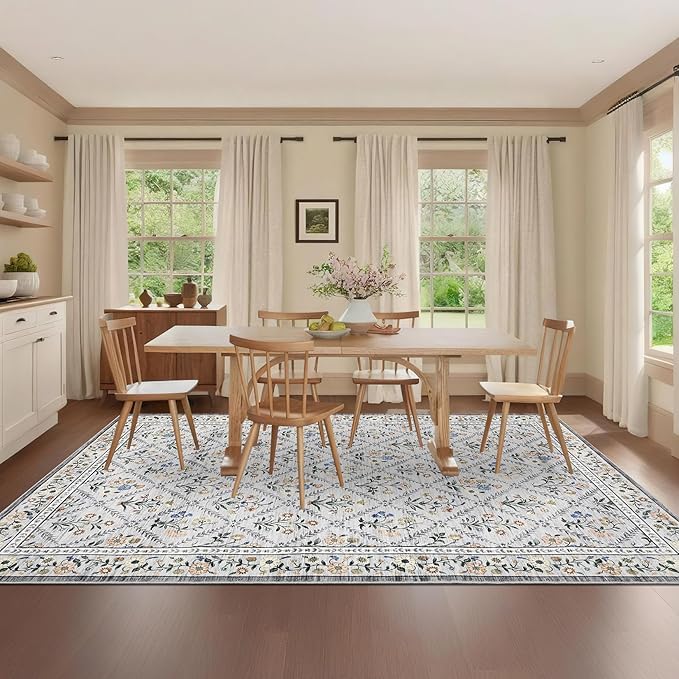 GarveeHome Living Room Rug 5x7 Rug Machine Washable Stain Resistant Area Rug Non Slip Floral Vintage Low Pile Rugs for Living Room, Bedroom, Farmhouse, Dining Room, Kids PlayroomGrey Beige