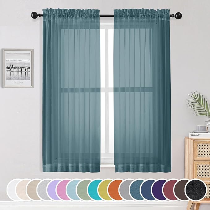 OWENIE Sheer Curtains, 63 inch Length Set of 2, Rod Pocket Light Weight Voile Curtains & Drapes for Bedroom & Living Room, Each 42Wx63L inch, Dusty Blue