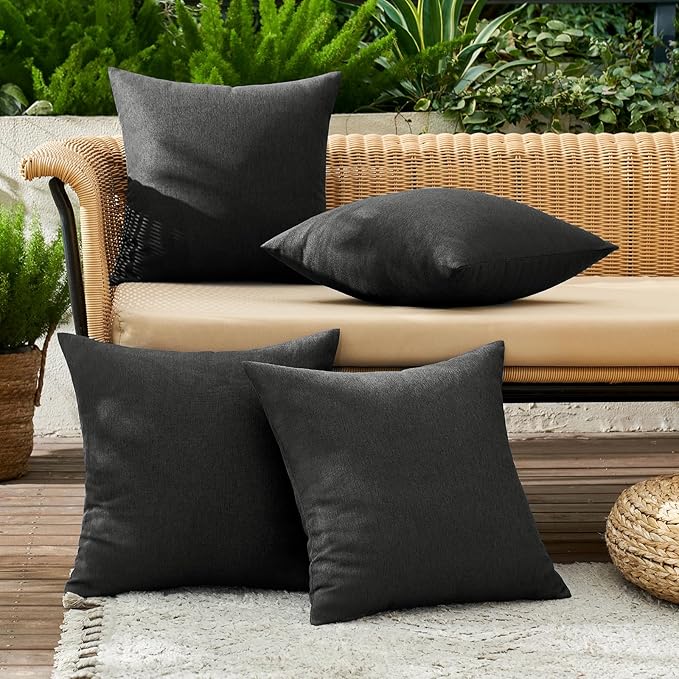 MIULEE Pack of 4 Decorative Outdoor Throw Pillow Covers Linen Waterproof Pillow Covers Farmhouse Cushion Cases for Patio Garden Tent Balcony Couch Sofa 16x16 inch Black