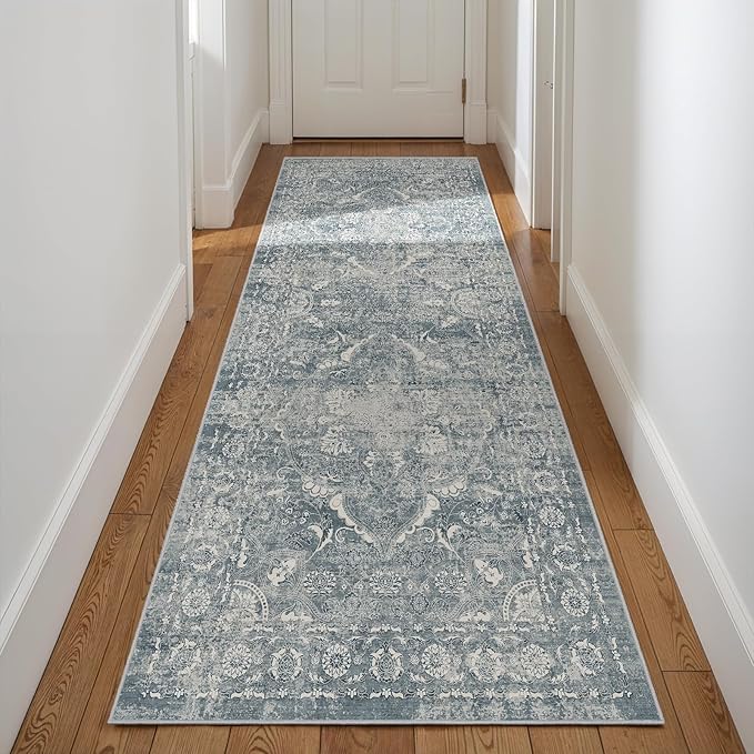 Washable 3x8 Runner Rug - Non-Slip Vintage Runner Rug for Entryway Low-Pile Medallion Long Rugs for Hallway Waterproof Traditional Runner Rug Indoor Thin Rug for Kitchen (Muted Blue)