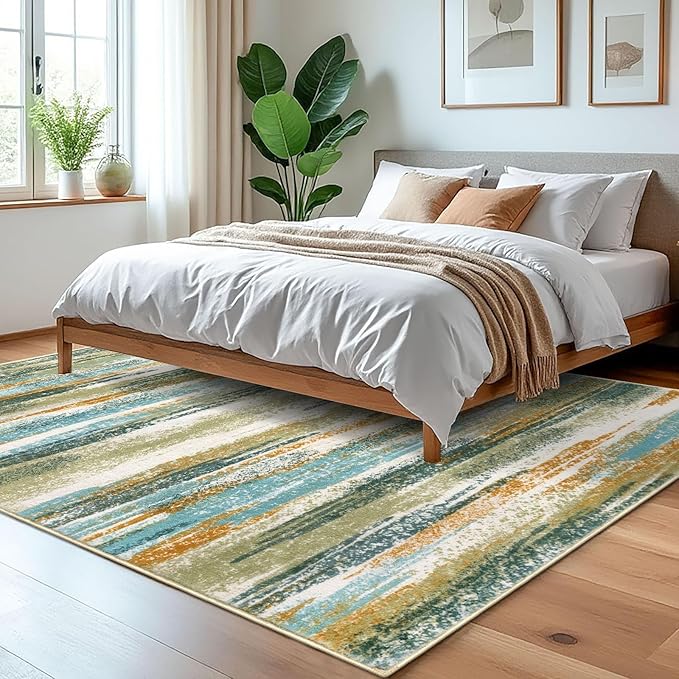 Lansny Modern Abstract 5x7 Machine Washable Area Rug Non-Slip Soft Bedroom Living Romm Rug Green Mustard Multi Ultra Thin Print Faux Wool Floor Carpet Throw Rug for Nursery Playroom Dining Room Office