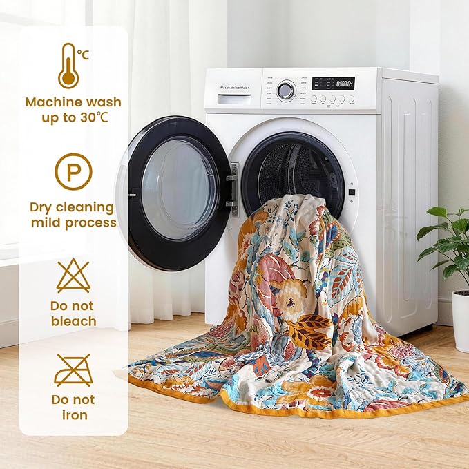 MSGKV Boho Throw Blanket 60"x80" Floral Cotton Blanket for Bed Couch Spring Breathable Lightweight Farmhouse Twin Blankets Home Decor Muslin All Seasons