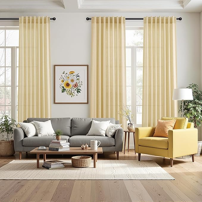 Nanspring Cream Yellow Curtains 120 Inches Long for Living Room Linen Modern Farmhouse Sheer Curtains Back Tab and Rod Pocket Extra Long Floor to Ceiling Curtain for Bedroom Office 52x120, 2 Panels