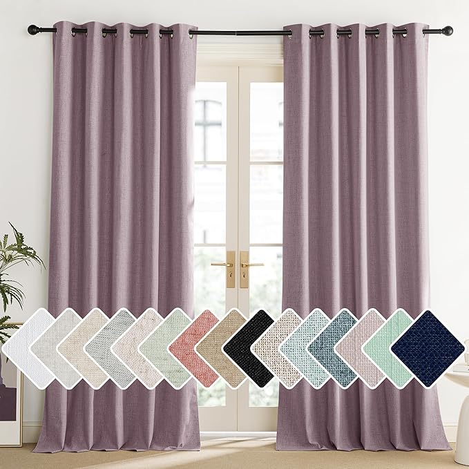 NICETOWN Chaise Mauve Vintage Linen 100% Blackout Curtains for Living Room, Thermal Insulated Curtains 95“ Long, Noise Reducing Window Treatment Drapes for Home Office, 62" Wide Per Panel, Set of 2