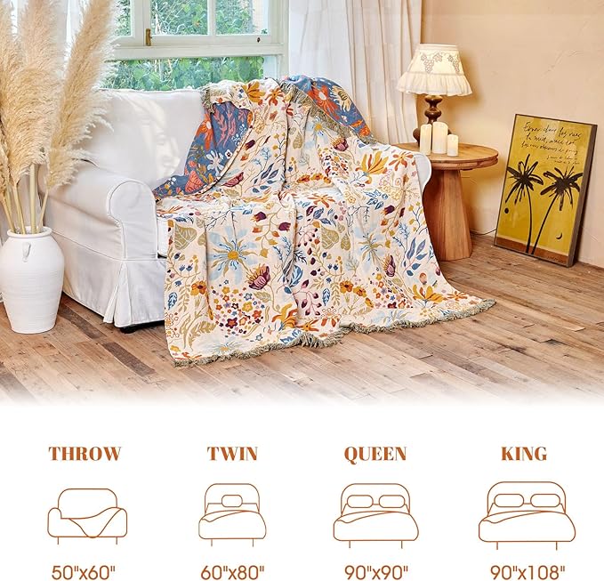 MSGKV Boho Throw Blanket for Couch 100% Cotton 50"x60" Floral Blanket Sofa Chair Throws Spring Breathable Lightweight Farmhouse Blankets Home Decor All Seasons
