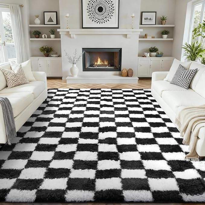 Ophanie Checkered Black & White Rug for Living Room Bedroom, Fluffy Soft Cute Fuzzy Area Rugs, Shag Plush Shaggy Bedside Floor 8x10 Furry Carpet for Kids Baby Teen Dorm Nursery Home Decor Aesthetic