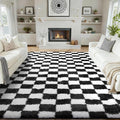 Ophanie Checkered Black & White Rug for Living Room Bedroom, Fluffy Soft Cute Fuzzy Area Rugs, Shag Plush Shaggy Bedside Floor 8x10 Furry Carpet for Kids Baby Teen Dorm Nursery Home Decor Aesthetic