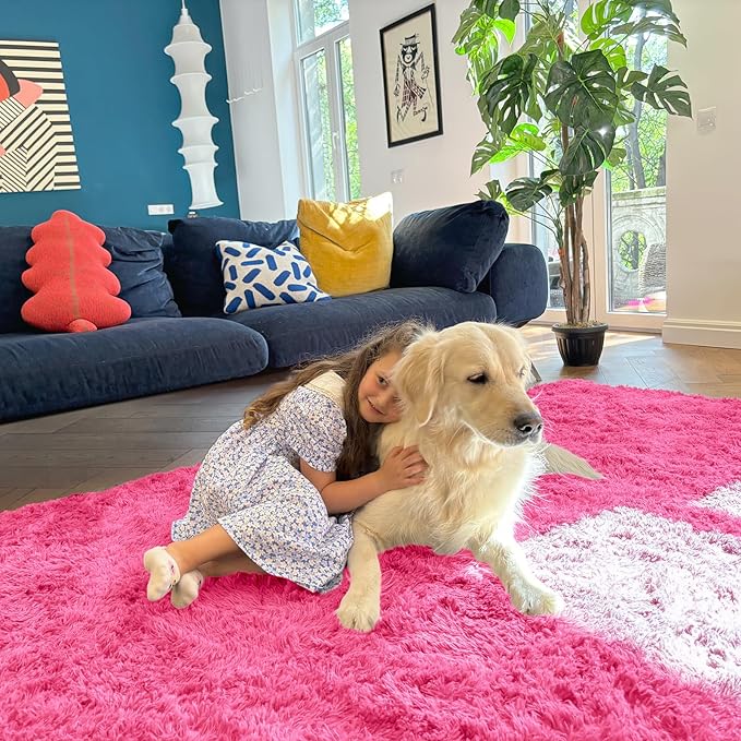 OLANLY 5x7 Machine Washable Large Area Rugs for Living Room, Bedroom, Soft Fluffy Shaggy Bedside Rug, Indoor Floor Carpet for Kids Girls and Boys, Dorms, Nursery, Home Decor Aesthetic, Hot Pink