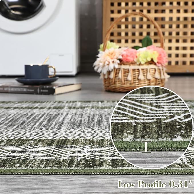 GarveeHome Modern Geometric Area Rug 4x6 Distressed Bordered Washable Non Slip Floor Carpet Non Shedding Thin Soft Low Pile Contemporary Green Rug for Dining Room, Living Room