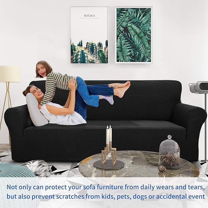 ZNSAYOTX 1 Piece Jacquard Couch Covers for 2 Cushion Couch High Stretch Loveseat Slipcover for Pets Dogs Anti Slip Love Seat Sofa Slipcover Furniture Protector (Loveseat, Black)
