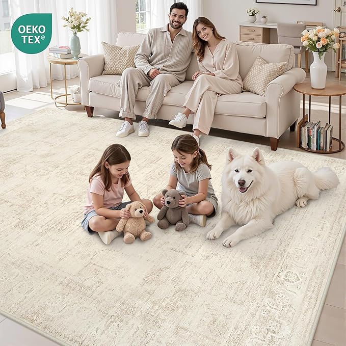6x9 Area Rugs for Living Room: Vintage Boho Neutral Washable Rug Indoor Soft Large Area Rug Carpet for Bedroom Nursery Farmhouse Dining Room Office Floor Non-Slip Low Pile Under Table Rug Dark Beige