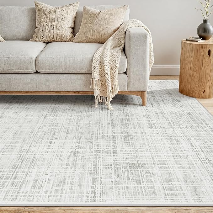 5x8 Area Rugs Washable Rug: Anti-Skid Abstract Modern Living Room Rug Soft Thin Carpets Indoor Floor Non-Shedding Carpet for Bedroom Dining Farmhouse Nursery Home Office (White Gray, 5'x8')