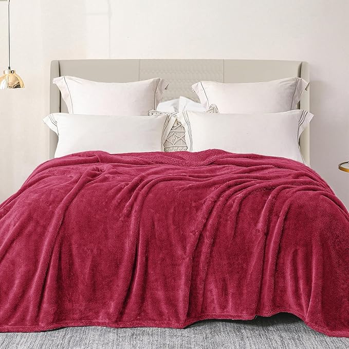 Exclusivo Mezcla Plush Fuzzy Fleece Bed Blanket Queen Size, Super Soft, Fluffy and Warm Blankets for Couch, Bed, All Season (Deep Red, 90x90 inches)