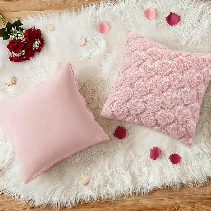 decorUhome Valentine’s Day Soft Plush Throw Pillow Covers 18x18 Inch Set of 2, Faux Fur Pink Heart Decoration Neutral Square Pillow Covers for Couch Sofa Bed Cozy Farmhouse Holiday Decor