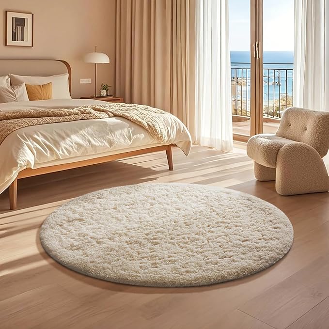 Ophanie Round Rug 3Ft Ivory Circle Area Rugs, Fluffy Fuzzy Small Bedroom Carpet 3 Foot, Plush Shag Floor Cream Living Room Circular Aesthetic Decor for Kids Teen Boys Baby Girls, Nursery,Classroom