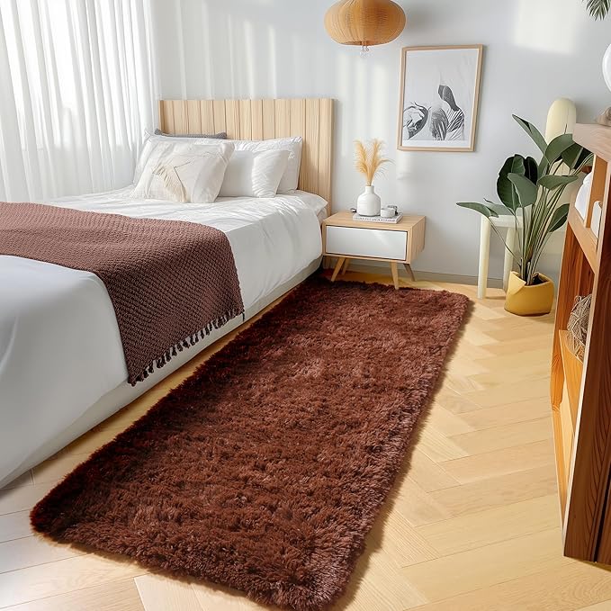 ONASAR Brown Runner Rugs for Bedroom Living Room, Fluffy 2x6 Bedside Hallway Area Rug, Ultra Soft Plush Furry Faux Fur Non Slip Floor Carpet for Nursery Kids Dorm Closet Home Decor