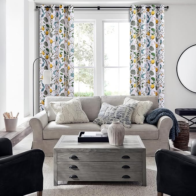 Topfinel 90 Inches Long Custom Window Curtains, Unique Chinoiserie Safari Floral Hummingbird Plant Lemon Patterned Extra Wide Noise Dampening Grommet White Satin Shabby Chic Drapes for Living Room