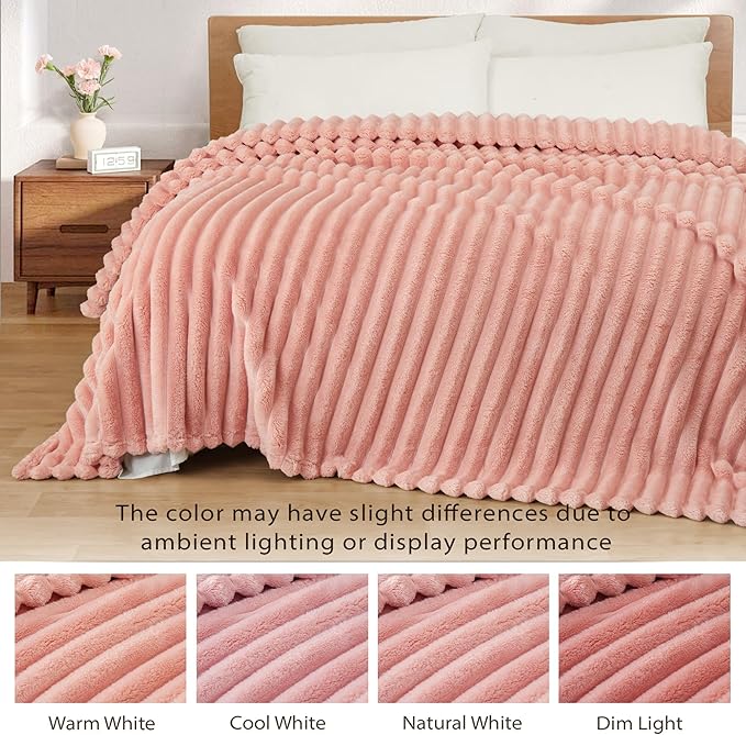 Exclusivo Mezcla King Size Flannel Fleece Blanket, Super Soft Striped Jacquard Bed Blanket, Lightweight Fuzzy Cozy for All Seasons, 90x104 Inches, Pink