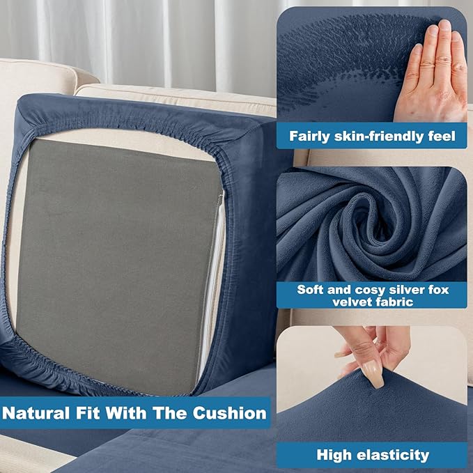 Couch Cover Velvet Chaise Cushion Cover for Sectional Sofas - Elastic L-Shaped Sofa Seat Covers Washable, Slipcover Protector (1-Piece, Berlin Blue)