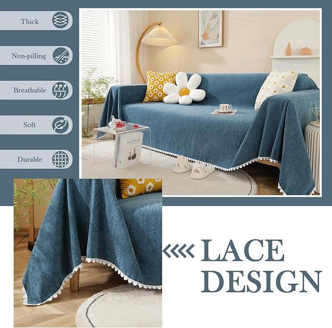 HANDONTIME Navy Blue Sectional Couch Covers, 3 Cushion Couch Chenille Cover with Lace Pattern for Dogs Kids, Fitted, Easy, 71" x 134"