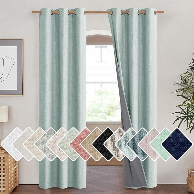NICETOWN 100% Absolutely Blackout Linen Curtains with Thermal Insulated White Liner, Seafoam Green, 42" Wide, 84" Length Energy Saving Curtains for Living Room 2 Panels Set, Vertical Blinds