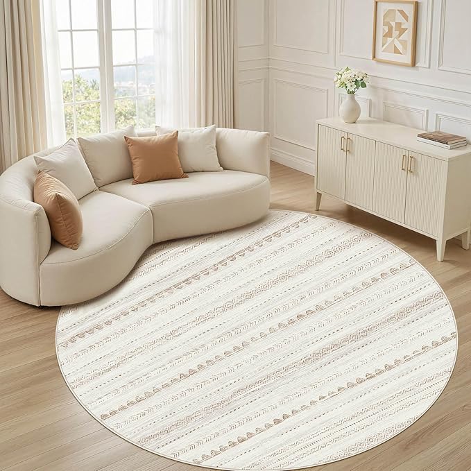 Nakagishi Round Rug Boho Area Rugs: 6x6 Washable Large Circle Neutral Soft Stain Resistant Non-Slip Carpet for Women Aged 25-45 Farmhouse Decor Enthusiasts - Living Room Bedroom Dining Room Nursery