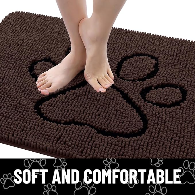 Smiry Dog Door Mat for Muddy Paws, Absorbent Dirt Trapper Non Slip Quick Dry Washable Chenille Mat for Mud Dogs, Entry Rug for Indoor and Outdoor (36x24 Inches, Brown and Black)