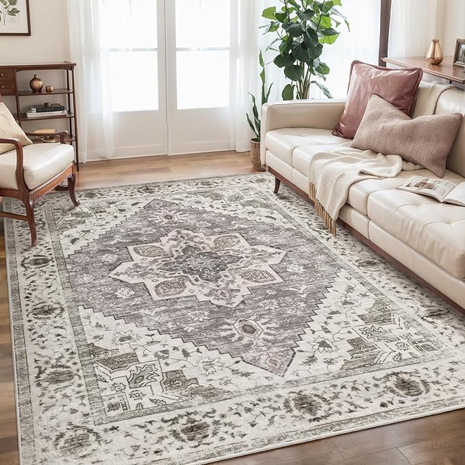 SERISSA Area Rug 4x6 Boho Rugs for Bedroom, Vintage Washable Non Slip Rug, Ultra Soft Print Distressed Low-Pile Throw Rug Earth Tone Carpet for Nursery Dorm Kitchen Living Room Decor