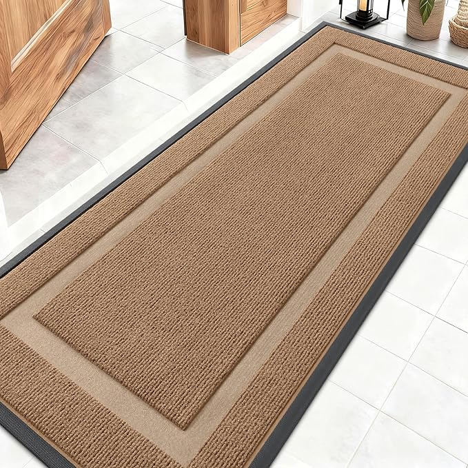 OLANLY Front Door Mat Indoor Outdoor Entrance, Waterproof All-Season, All-Weather Doormat, Sturdy Natural Rubber, Fade Resistant, Low Profile, Easy Clean Patio Porch Entryway Mat, 59x20, Light Brown