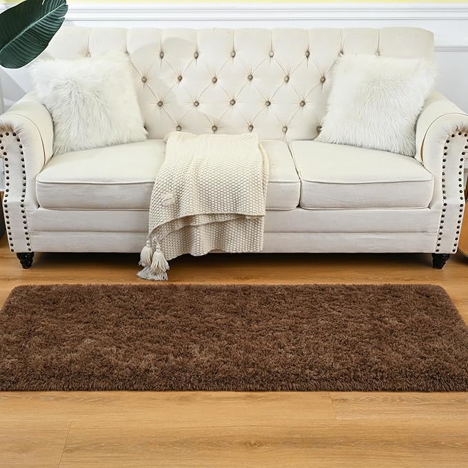 Goideal Fluffy Runner Rug for Bedroom Living Room, 2x6 Brown Bedside Rugs, Faux Fur Shag Modern Carpet Ultra Soft Girls Boys Room Home Decor, Solid