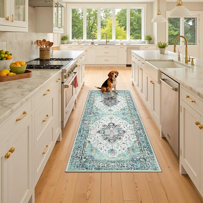 Area Rugs 2'x6' Runner Rug Non Slip Washable for Kitchen Hallway Bedroom Beside Laundry Room Bathroom Rug, Floor Carpet, Green Navy Blue White Red Teal Colorful