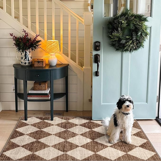 Brown Beige Checkered Entry Rug - 3x5 Non-Slip Washable Indoor Outdoor Front Door Mat Porch Rug Farmhouse Diamond Throw Carpet for Living Room Bedroom Entryway Kitchen Office Fall Porch Decor