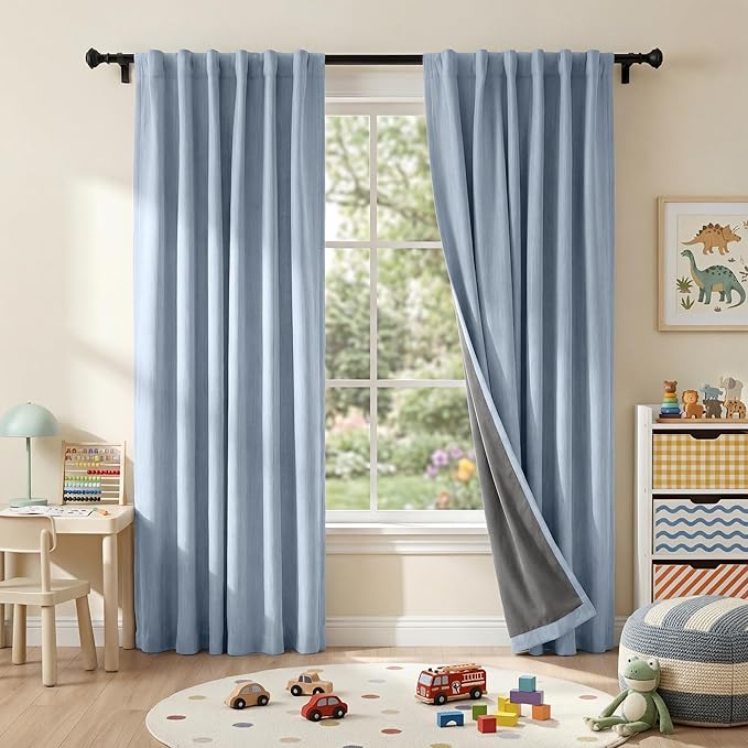 RYB HOME Smoky Blue Linen 100% Blackout Curtains for Bedroom 52 Width 120 Long, Thich Elegant Extra Long Drapes for Modern/Vintage/Farmhouse Home Decor, Thermal Insulated Window Treatment, 2 Panels
