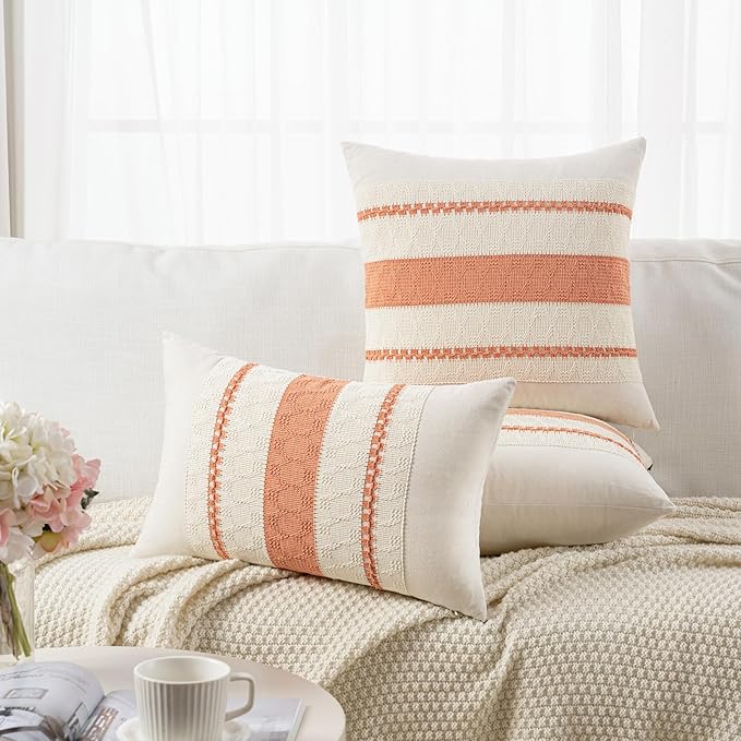Fancy Homi Set of 1 Boho Coral Lumbar Decorative Throw Pillow Cover 12x20 Inch for Couch Bed Sofa Chair, Modern Organic Farmhouse Home Decor, Soft Cotton Cute Accent Rectangle Cushion Case
