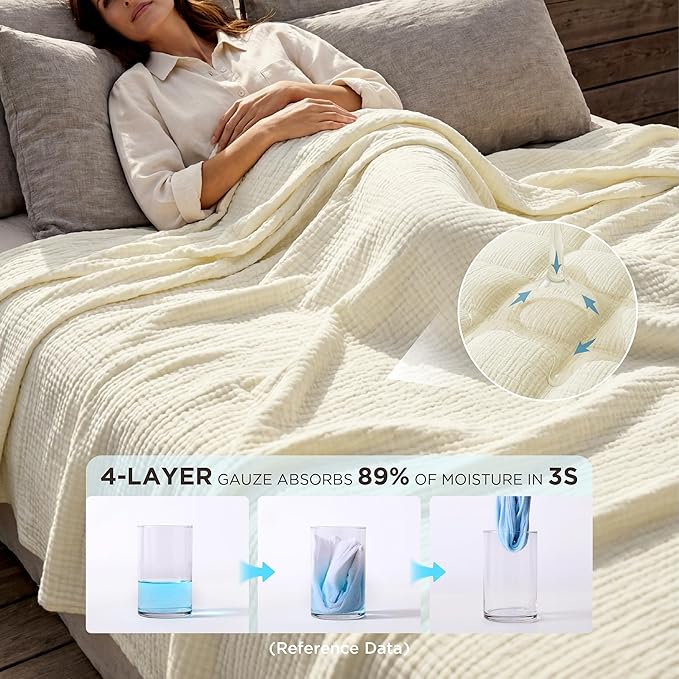 Bedsure 100% Cotton Muslin Blanket King Size for Bed - 4-Layer Breathable and Lightweight Thin Soft Summer Gauze Muslin Blanket for Adults, Cream, 108x90 Inches