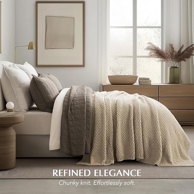 EVERGRACEHOME Chunky Chenille Knit Throw Blanket for Couch, Soft Luxurious Oversized Queen Moss Stitch Blanket for Bed, Cozy Farmhouse Knitted Throw for Sofa, Sand Dune, 90" x 90"