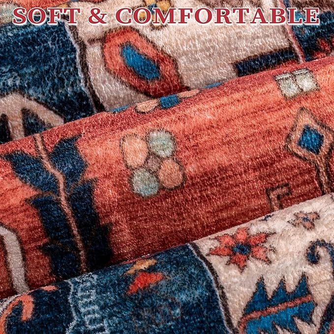 SERISSA Boho Area Rugs for Entryway, 3x4 Washable Non-Slip Kitchen Rug, Ultra Soft Print Distressed Rust Rug Low-Pile Throw Door Mat Indoor Entrance Carpet for Bedroom Living Room Dorm Decor