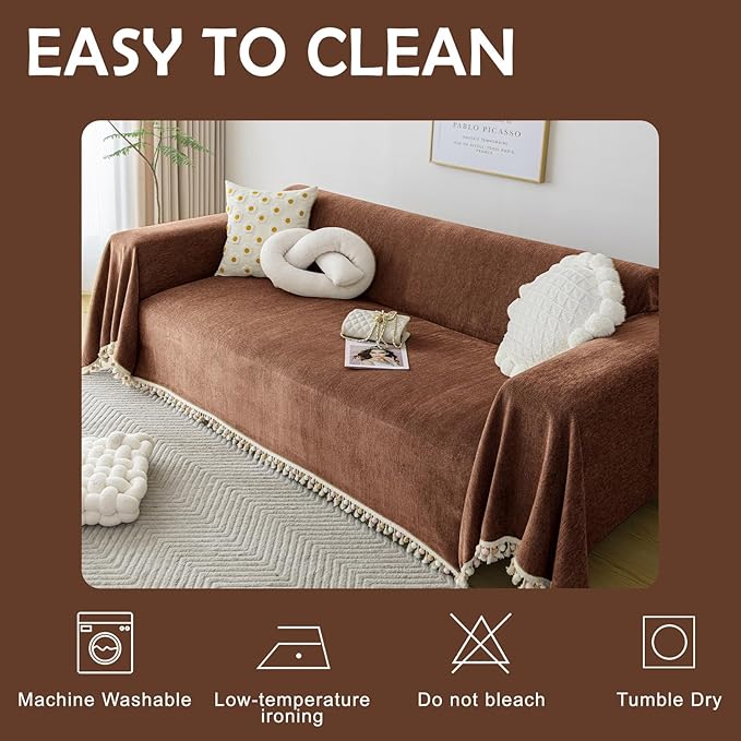 HANDONTIME Boho Style Sofa Cover with Tassels, Washable & Non-Slip Couch Cover for 3 Cushion Sofa, Herringbone Pattern Pet-Friendly Sofa Slipcover, Chocolate Color, 91"x118", Living Room Decor