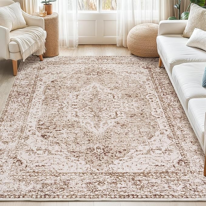 Lofus 4x6 Area Rugs for Living Room, Washable Area Rug, Rugs for Bedroom, Kitchen, Vintage Boho Carpet, Soft Non-Slip, Low Pile Large Area Rug for Office Dining Room, Vintage Beige Brown
