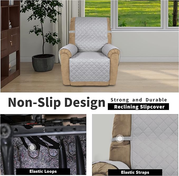 Easy-Going Recliner Chair Slipcover Reversible Sofa Cover Water Resistant Couch Cover Furniture Protector with Elastic Straps for Pets Dog (Recliner 22 inch, Light Gray/Ivory)
