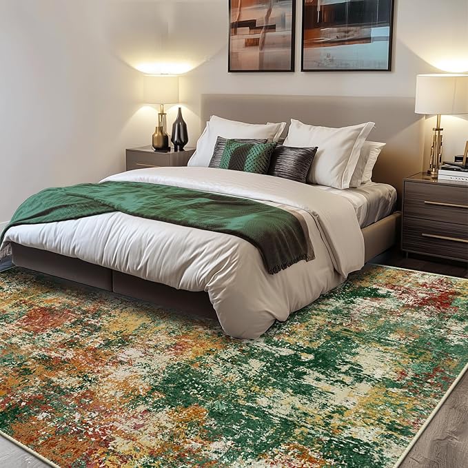 Washable Area Rugs 6'x9' Non-Slip Modern Abstract Soft for Living Room Entryway Bedroom Nursery, Print Pattern, Green Orange Rust Red Cream Colorful