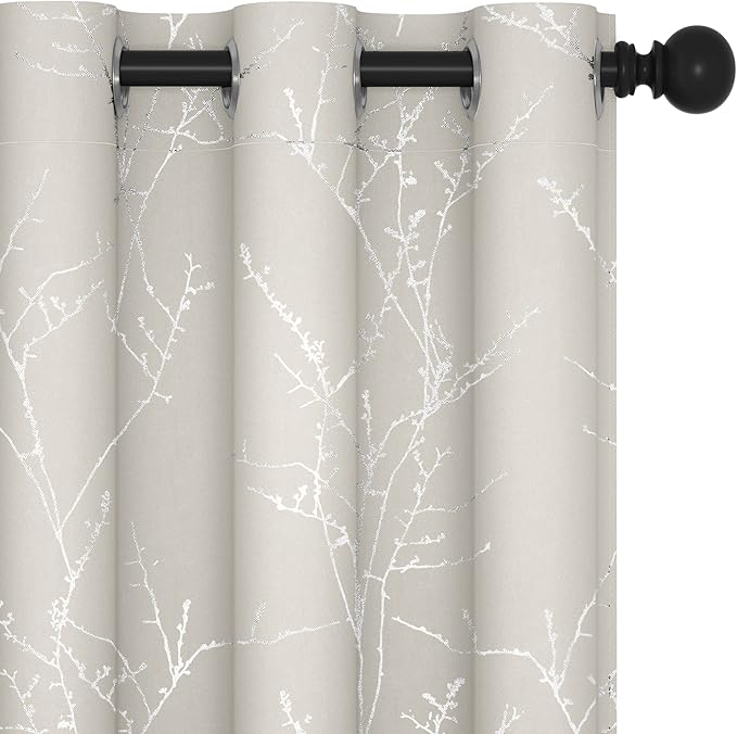 Deconovo Beige Bedroom Curtains, Room Darkening Curtain, Thermal Insulated Soundproof Drapes, Silver Branch Print, 42 x 72 Inch Long, Machine Washable Window Panels for Living Room Nursery, Set of 2