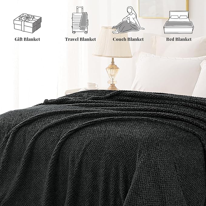 Whale Flotilla Twin Size Fuzzy Fleece Blanket for Bed, 60x80 Inch Fluffy Warm Soft Jacquard Blankets for All Season, Lightweight and Cozy, Black