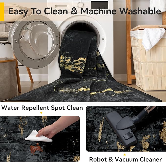 Washable Area Rugs 4ft Non-Slip Modern Abstract Soft for Living Room Entryway Bedroom Nursery, Print Pattern, Dark Black Gold