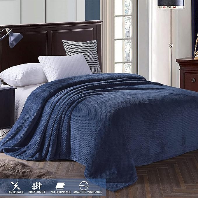 Exclusivo Mezcla Fleece Throw Blanket Extra Large, Super Soft and Warm Blankets for Couch, Sofa and Bed Waffle Textured, Cozy, Fuzzy and Lightweight (Navy Blue, 50x70 Inches)