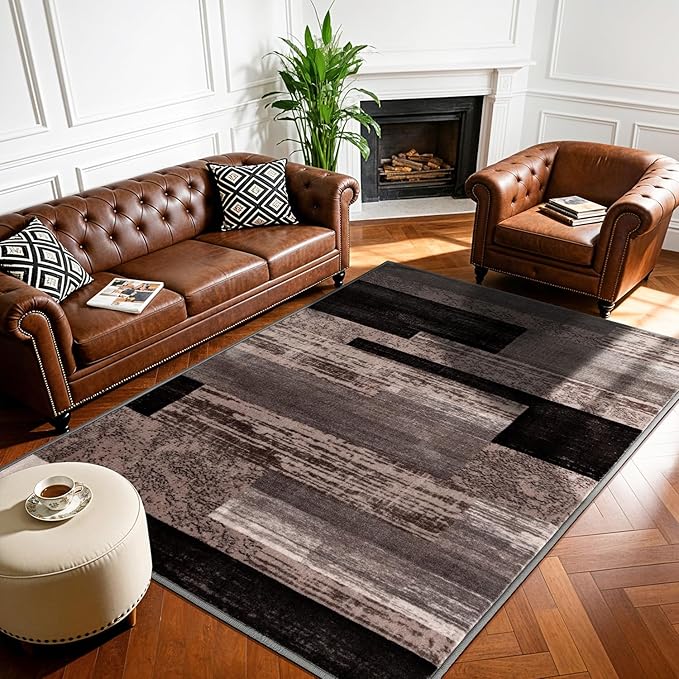 LIANLAM 3x5 Washable Area Rugs for Living Room and Bedroom, Vintage Checkered Pattern Non-Slip Carpet, Stain Resistant Low Pile Soft Rug for Dining Room,Office,Nursery,Kids Room(3x5,Chocolate)