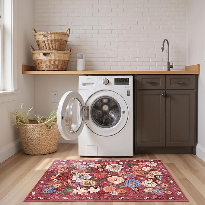 2x4 Entryway Runner Rugs, Non Slip Washable Rugs with Rubber Backing Soft Floral Carpet Runner for Kitchen, Laundry, Bedroom, Bathroom(2 x 4, Red Garden)