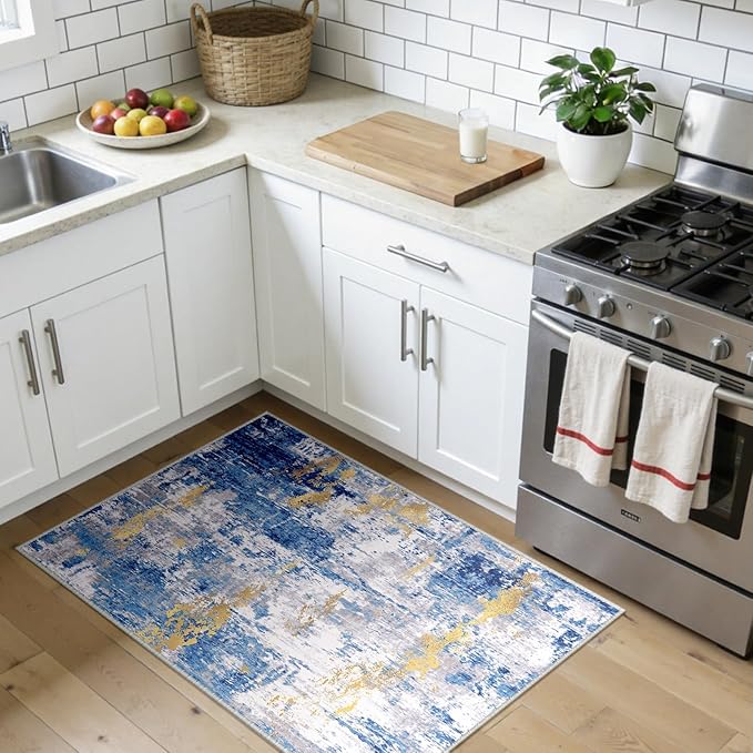 Washable Area Rugs 3x4 Non-Slip Modern Abstract Soft for Living Room Entryway Bedroom Nursery, Print Pattern, Grey Blue Gold/Golden
