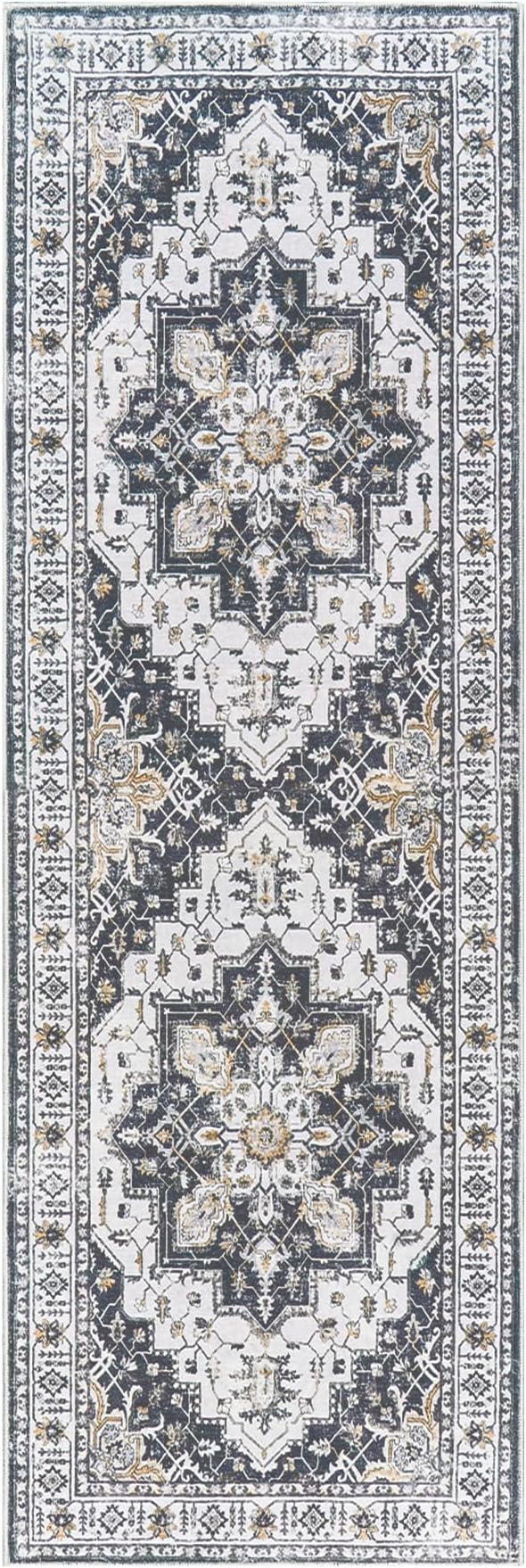 Madane Runner Rug 2'6''x8' Kitchen Runner, Hallway Runner Printed Vintage Washable Rugs Soft Non-Slip Low Pile Runners for Hallways Laundry Room Rug Distressed Rug, Black